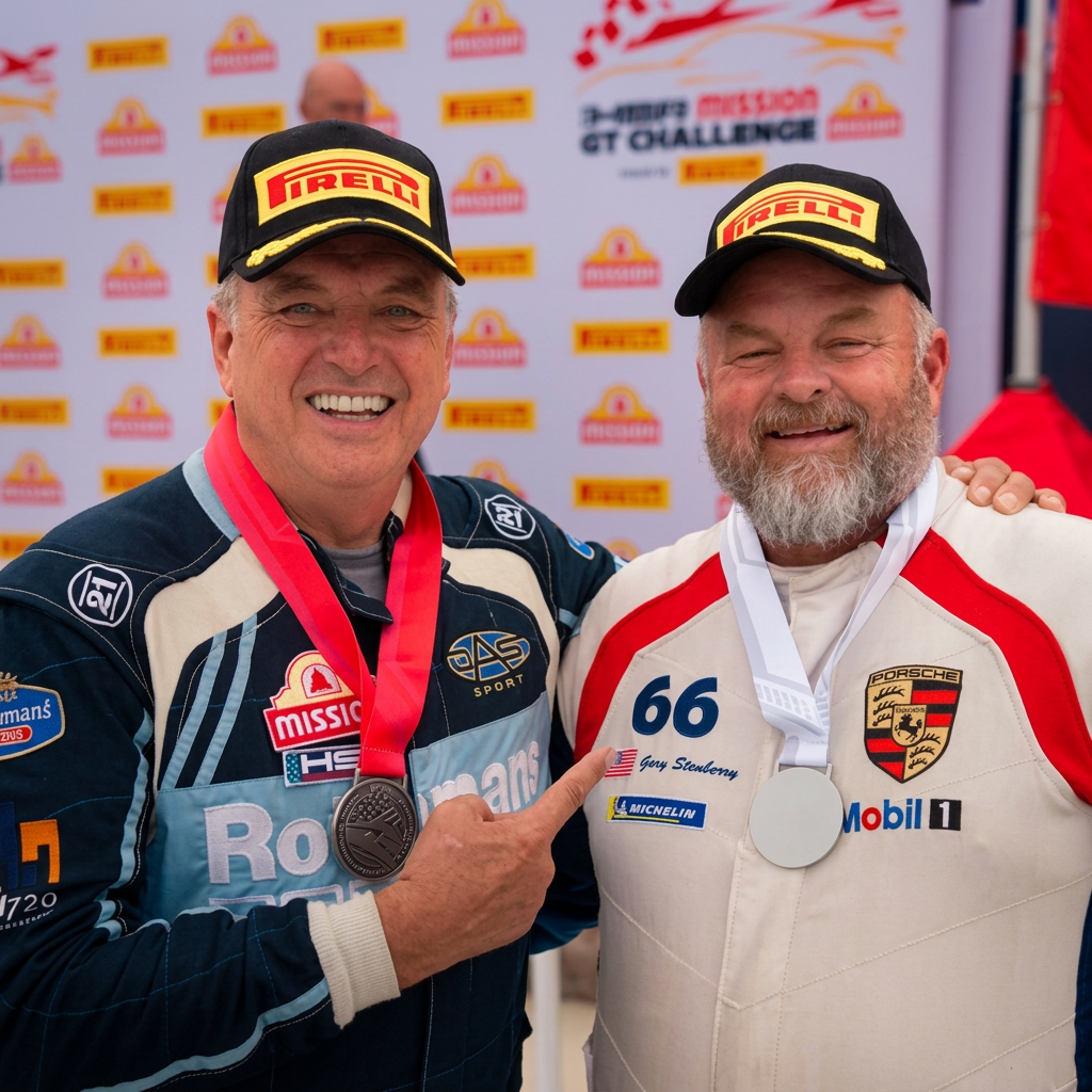 Two DAS Sport drivers in racing suits celebrating with medals after a Porsche GT Challenge race