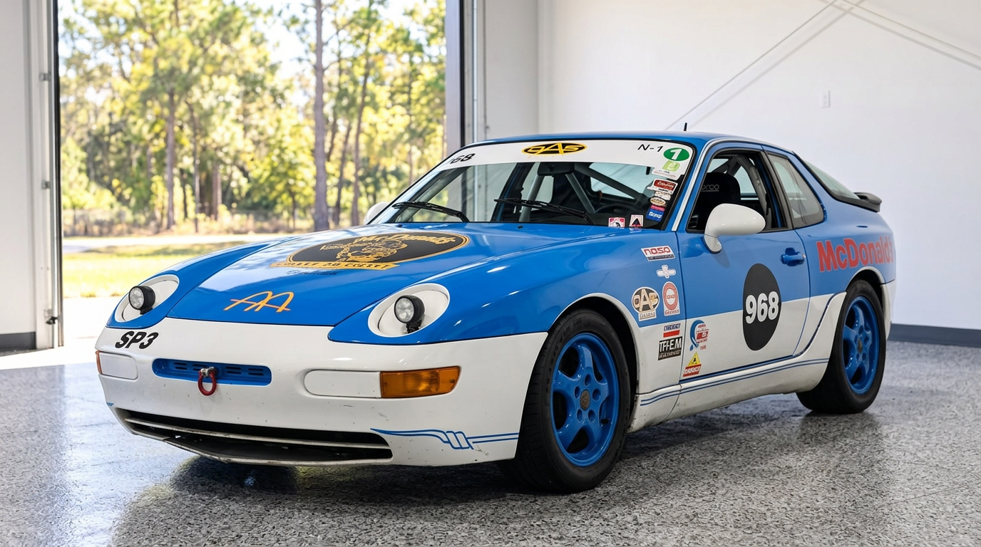 DAS Sport Porsche 968 Club Sport race car in the garage